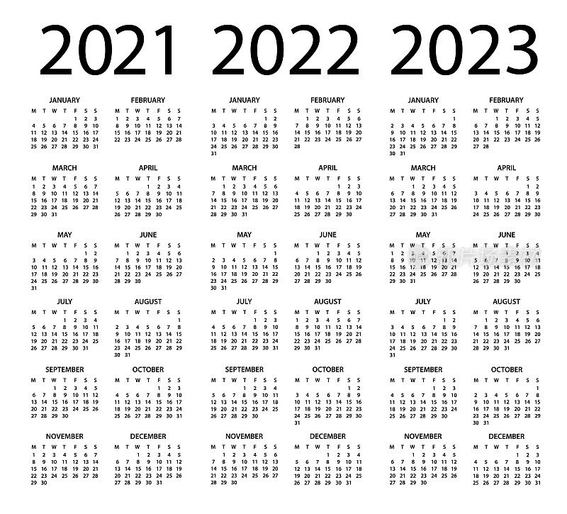 日历2021 2022 2023矢量插图。一周从周一开始